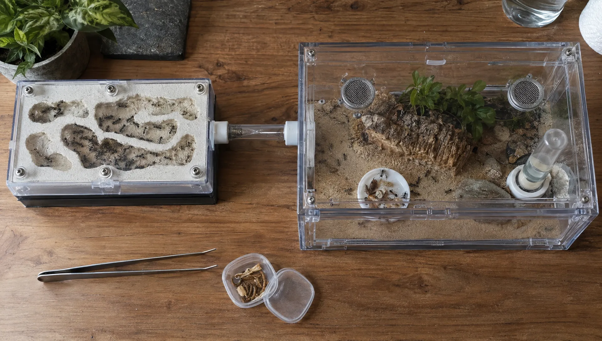 A covered ant nest connects to a ventilated outworld with a protected water feeder and removable dish for everyday colony care.
