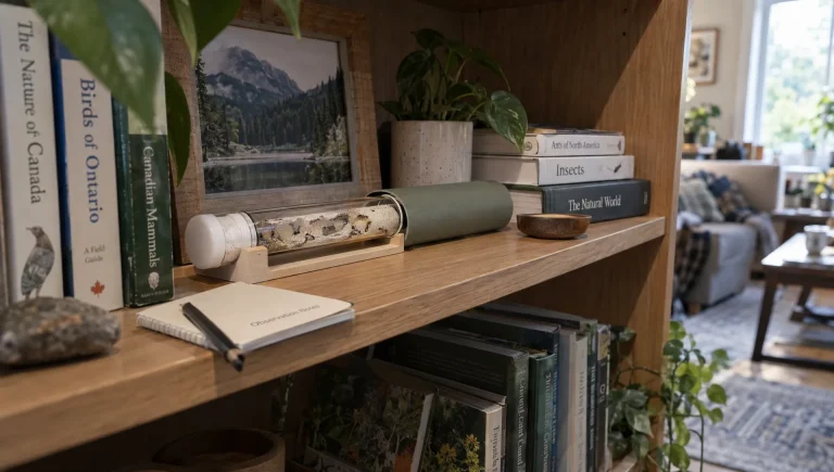A covered ant tube rests securely on a home bookshelf beside a notebook for care records.