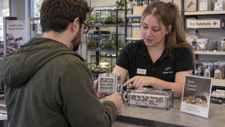 A keeper and shop employee compare a modular ant nest and extension at a supply counter.