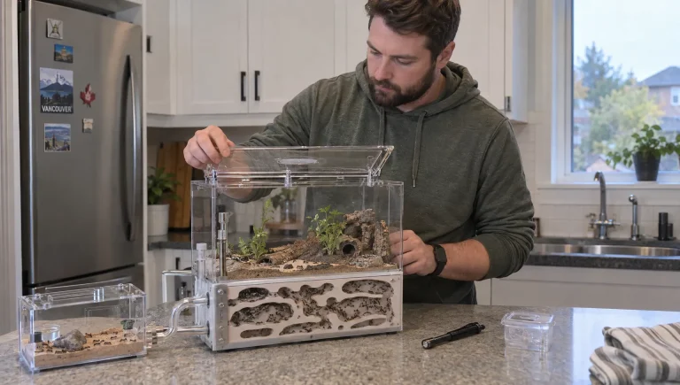 An adult keeper checks the lid and fittings of an indoor ant habitat on a kitchen counter.