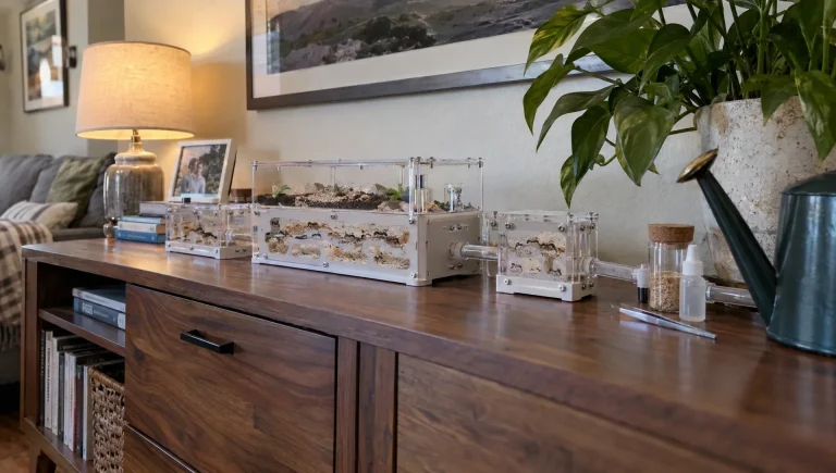 Connected modular ant nest sections sit on a home sideboard beside supplies for routine care.