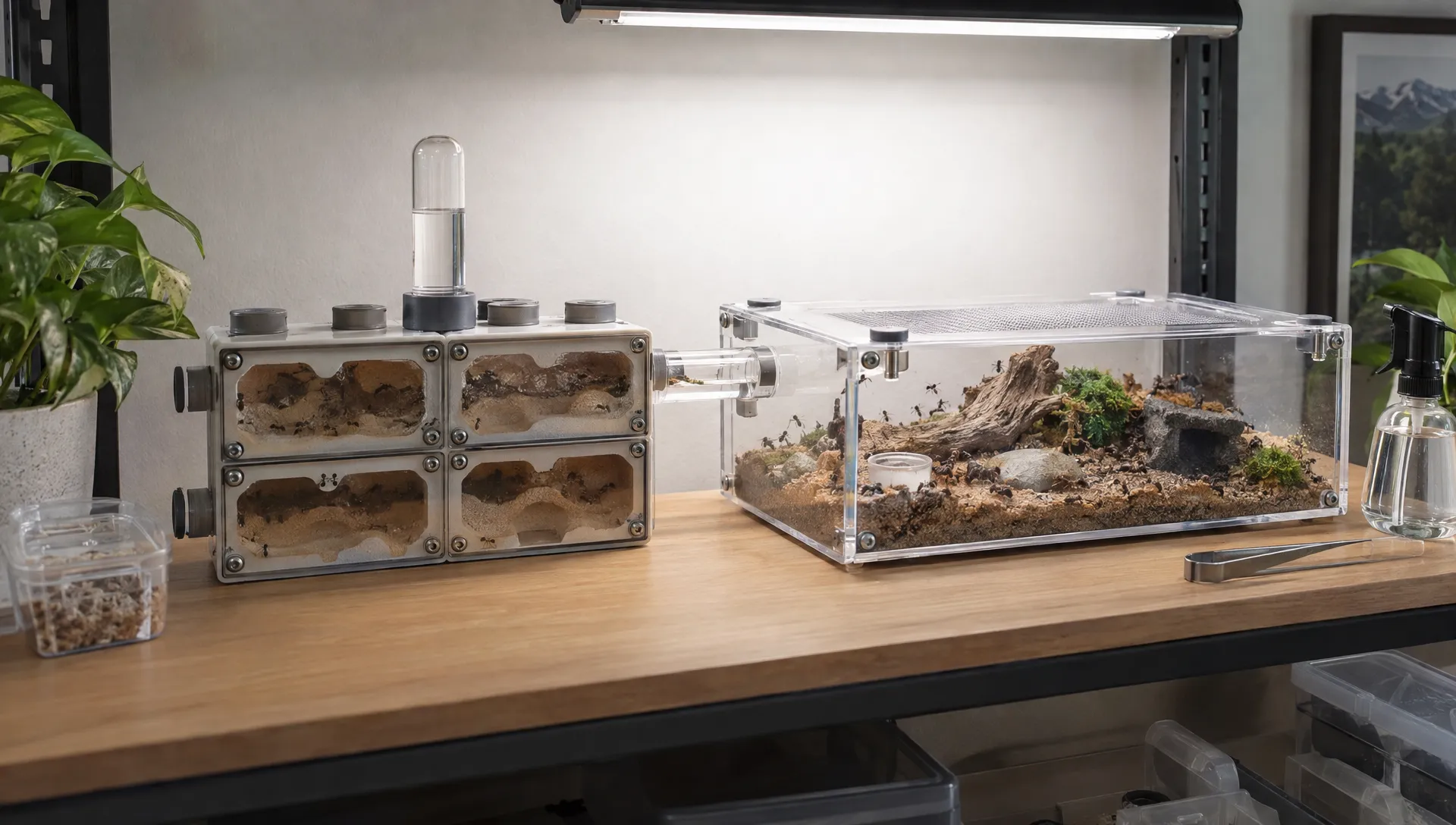 Covered nest chambers connect to a feeding outworld on a modular formicarium, with capped ports and an accessible water refill point.