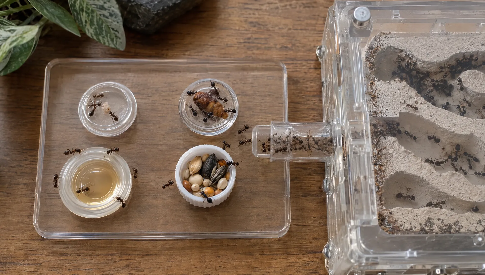 Small and larger insect portions, a liquid feeder and seeds are prepared beside an ant enclosure for different colony needs.