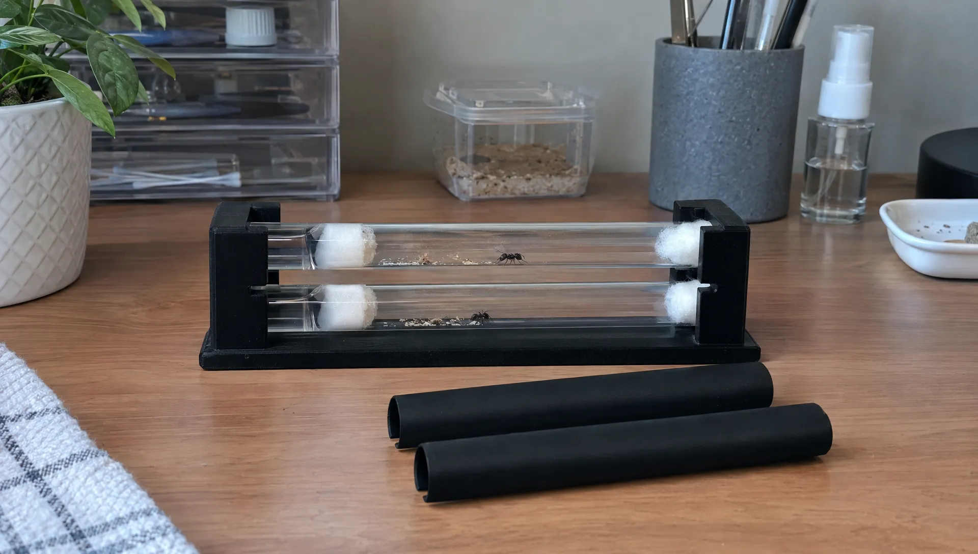 Two prepared ant tubes sit horizontally in a holder, with water reservoirs, cotton barriers and removable nesting sleeves visible.